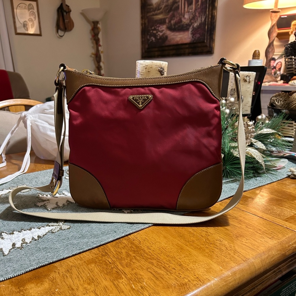 Prada Triangle Logo Plate Red and Tan Crossbody Bag